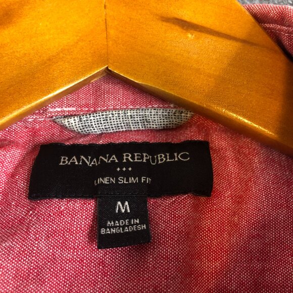 Banana Republic Shirts Mens Medium Red Pink Linen Blend Slim Vacation Office - Picture 2 of 8